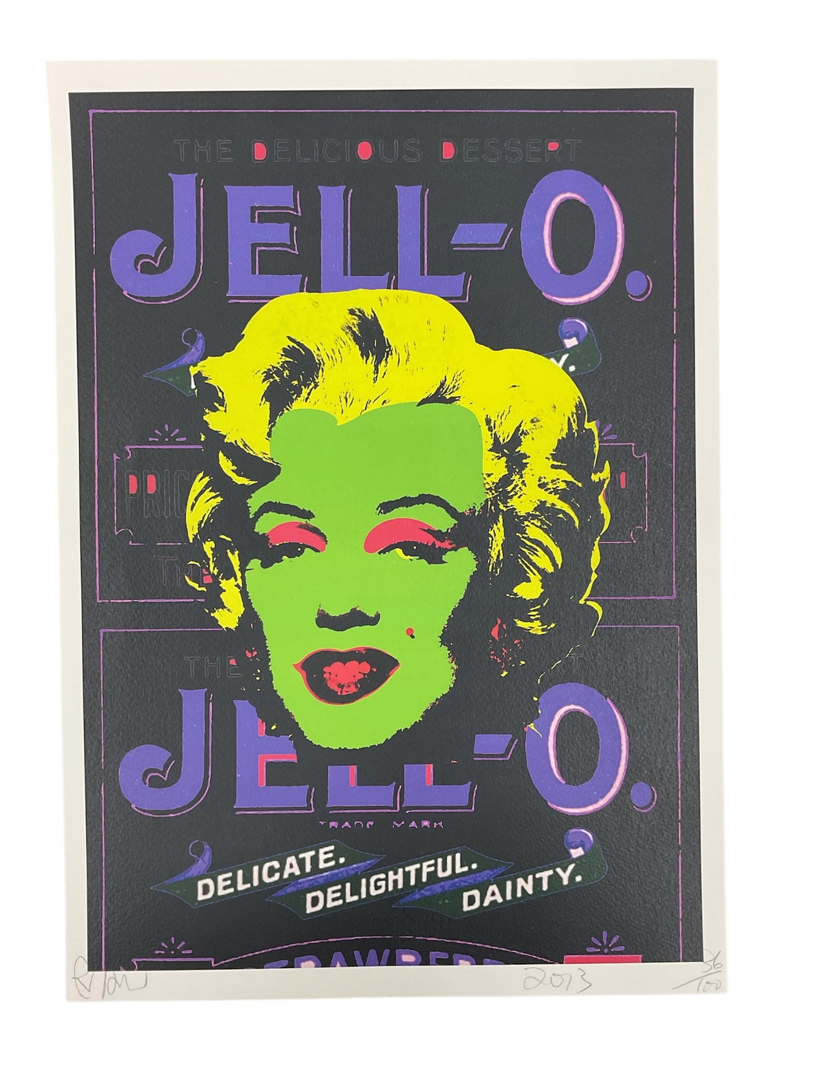 "Marilyn Monroe Jell-O" by Death NYC (USA, B.1979) Giclee and Mixed Media on Paper: This limited edition print by street artist Death NYC features a vibrant, pop-art style depiction of Marilyn Monroe with a lime green face and pink accents, superimposed over a vintage-inspired Jell-O