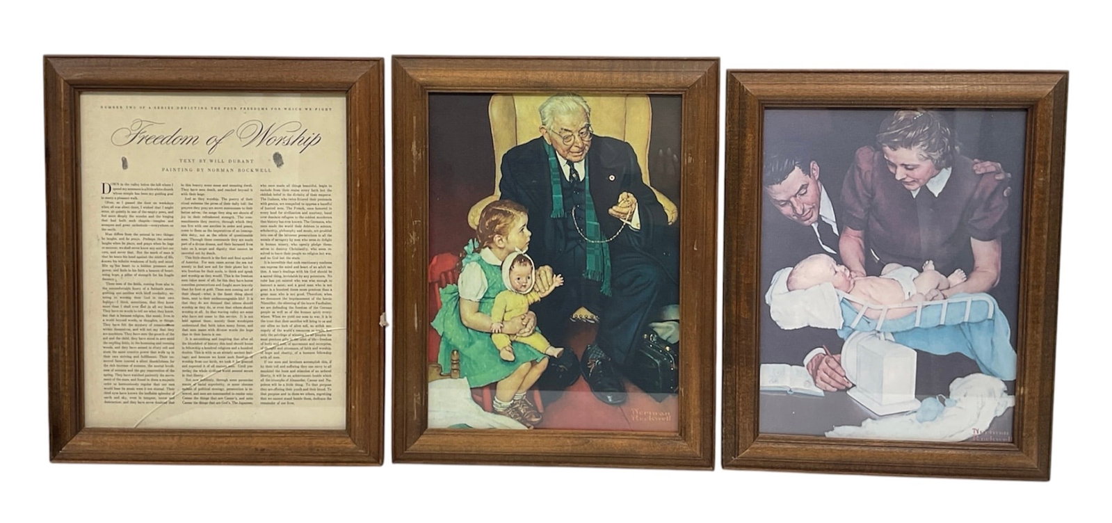 "Freedom of Worship," "Grandfather and Granddaughter," and "Weighty Matters" by Norman Rockwell: This trio of framed lithograph prints is part of the Norman Rockwell Museum of the South collection. The first piece is a reproduction of "Freedom of Worship