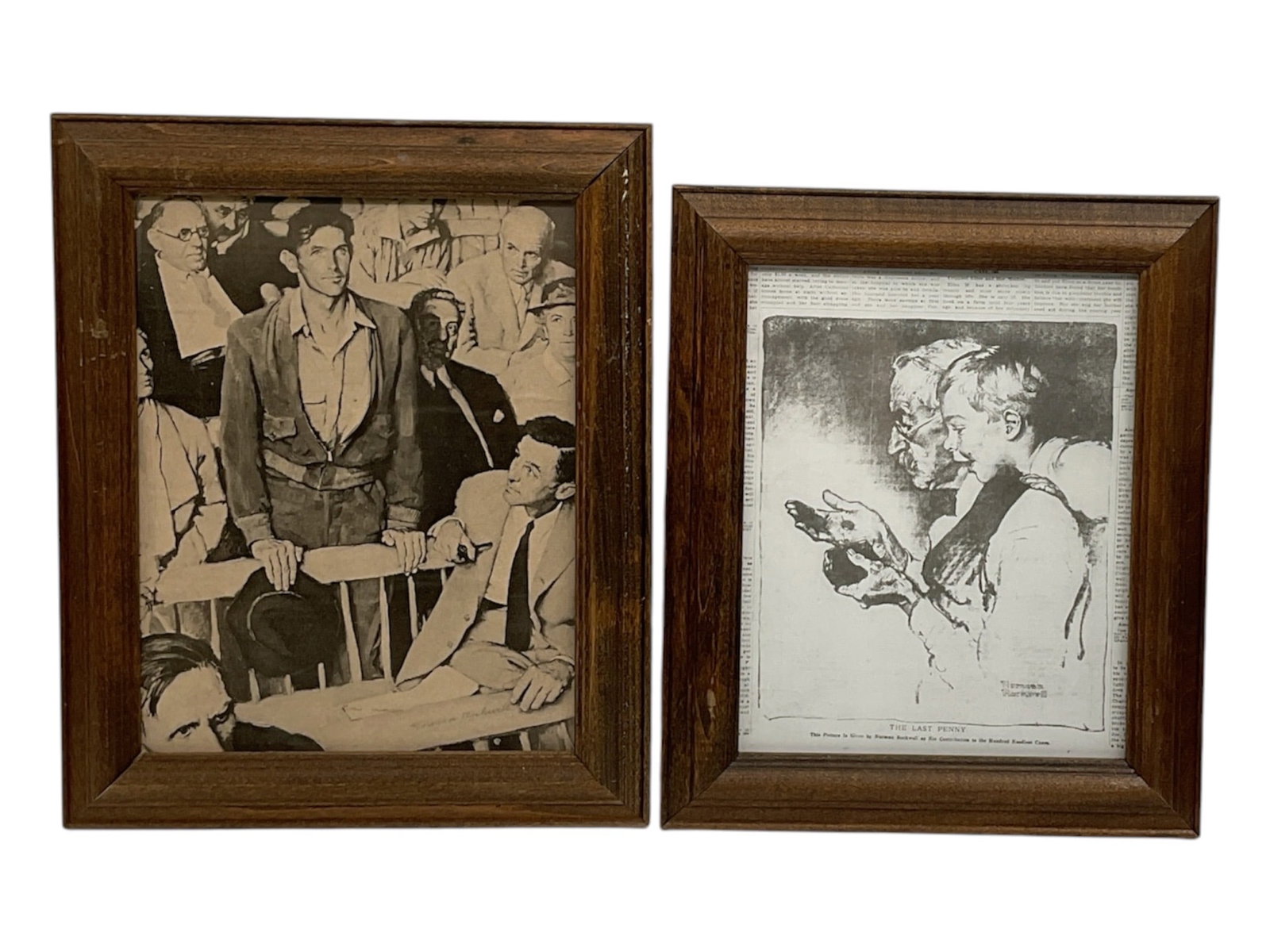 "Freedom of Speech" and "The Last Penny" by Norman Rockwell (United States, 1894-1978) Lithograph: This pair of framed lithograph prints originates from the Norman Rockwell Museum of the South collection. The first piece is a reproduction of "Freedom of Sp
