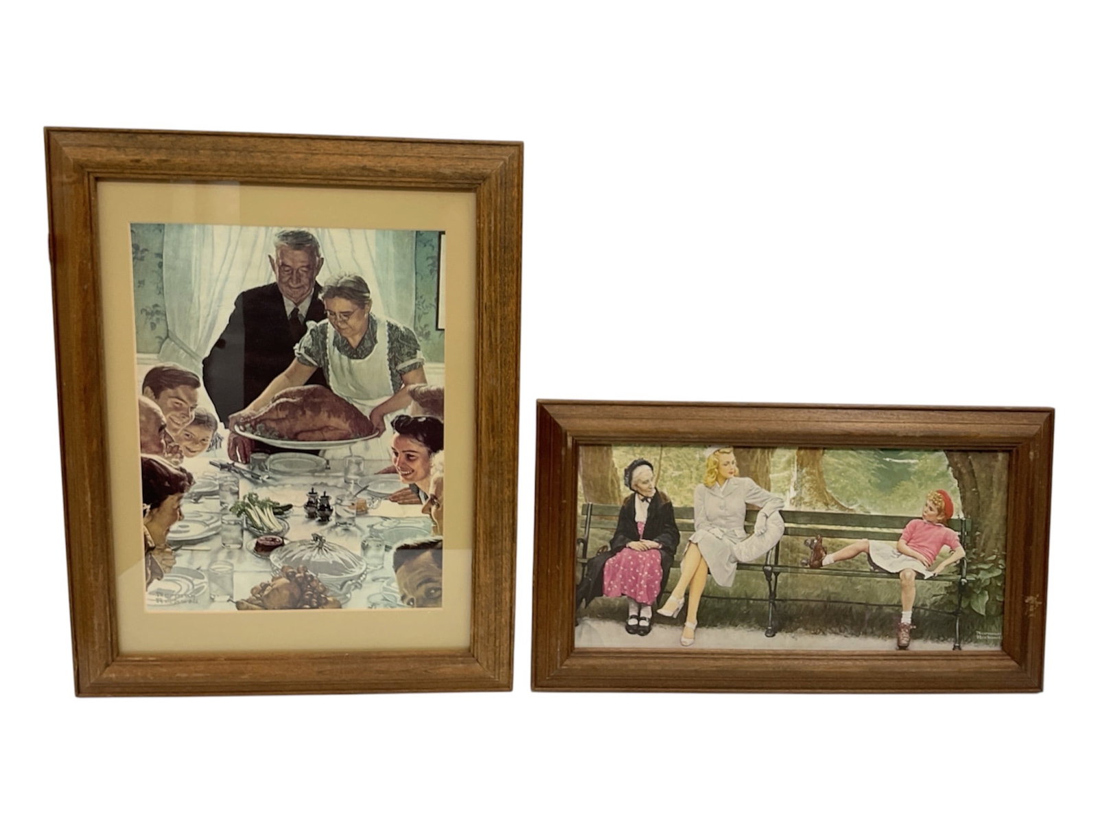 "Freedom from Want" and "Three Generations" by Norman Rockwell (United States, 1894-1978) Lithograph: This pair of framed lithograph prints is part of the Norman Rockwell Museum of the South collection. The first piece, "Freedom from Want," is one of Roc