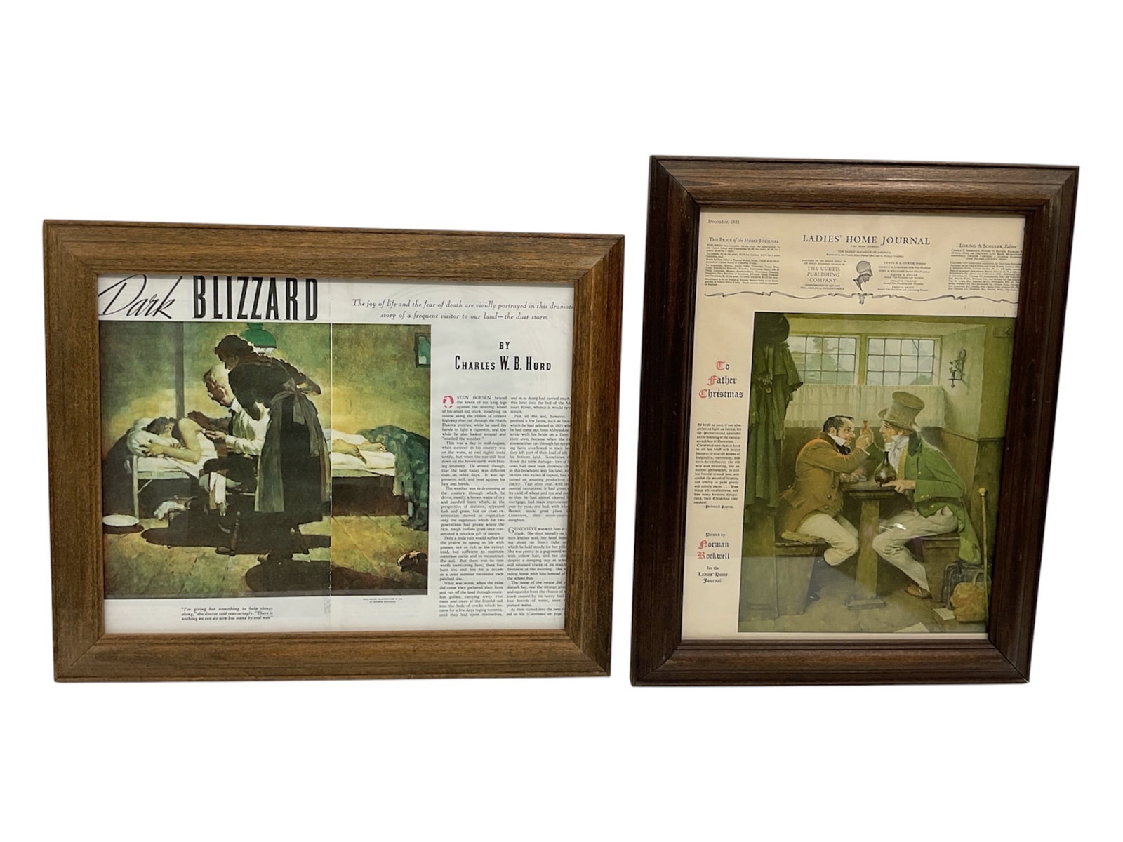 "Dark Blizzard" and "To Father Christmas" by Norman Rockwell (United States, 1894-1978) Lithograph: This pair of framed lithograph prints originates from the Norman Rockwell Museum of the South collection. The first piece, "Dark Blizzard," is a dramati