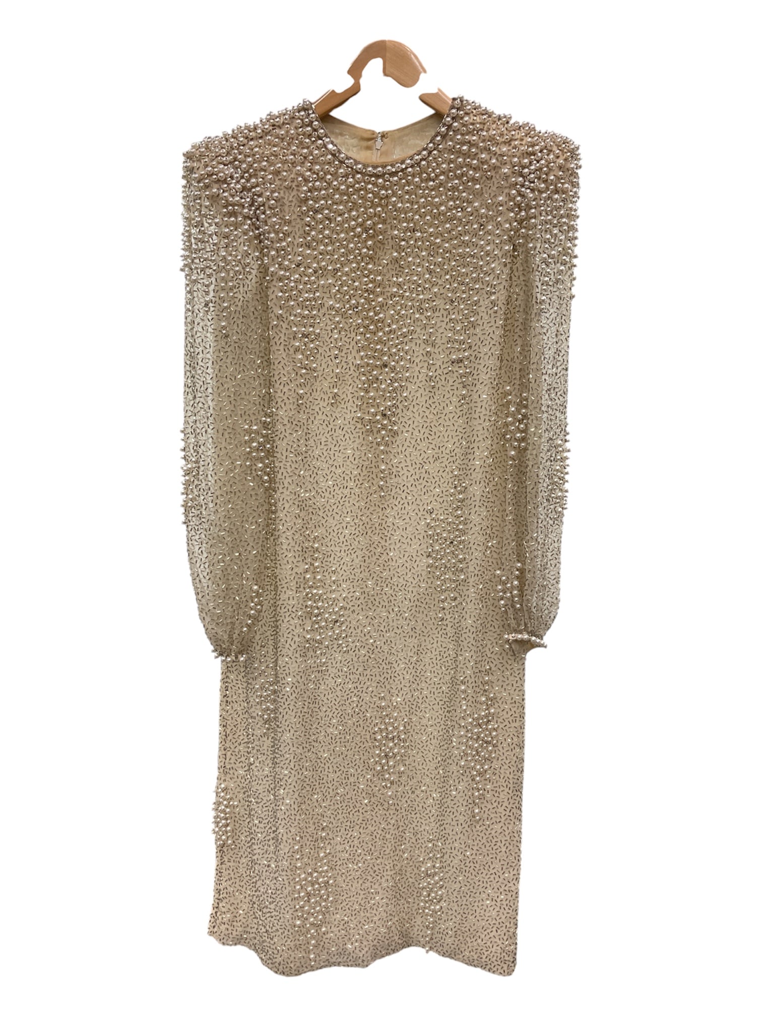 Pearl & Beaded Evening Gown by Bob Mackie (American, B.1939): This exquisite custom evening gown was designed by the legendary Bob Mackie and worn by the iconic entertainer Liza Minnelli. The dress features a sheer nude-tone overlay entirely encrusted with