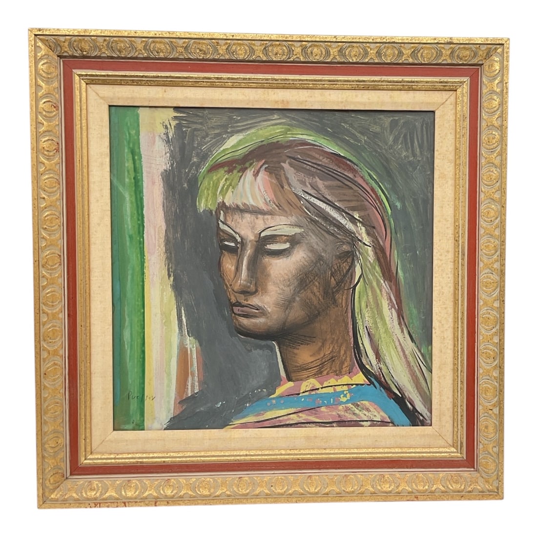 Josef Presser (United States/Poland, 1907-1967) Mixed media on paper.: This mid-century expressionist portrait features a woman in a three-quarter profile with a somber, downcast expression. The artist utilizes a heavily textured approach, blending dark charcoal