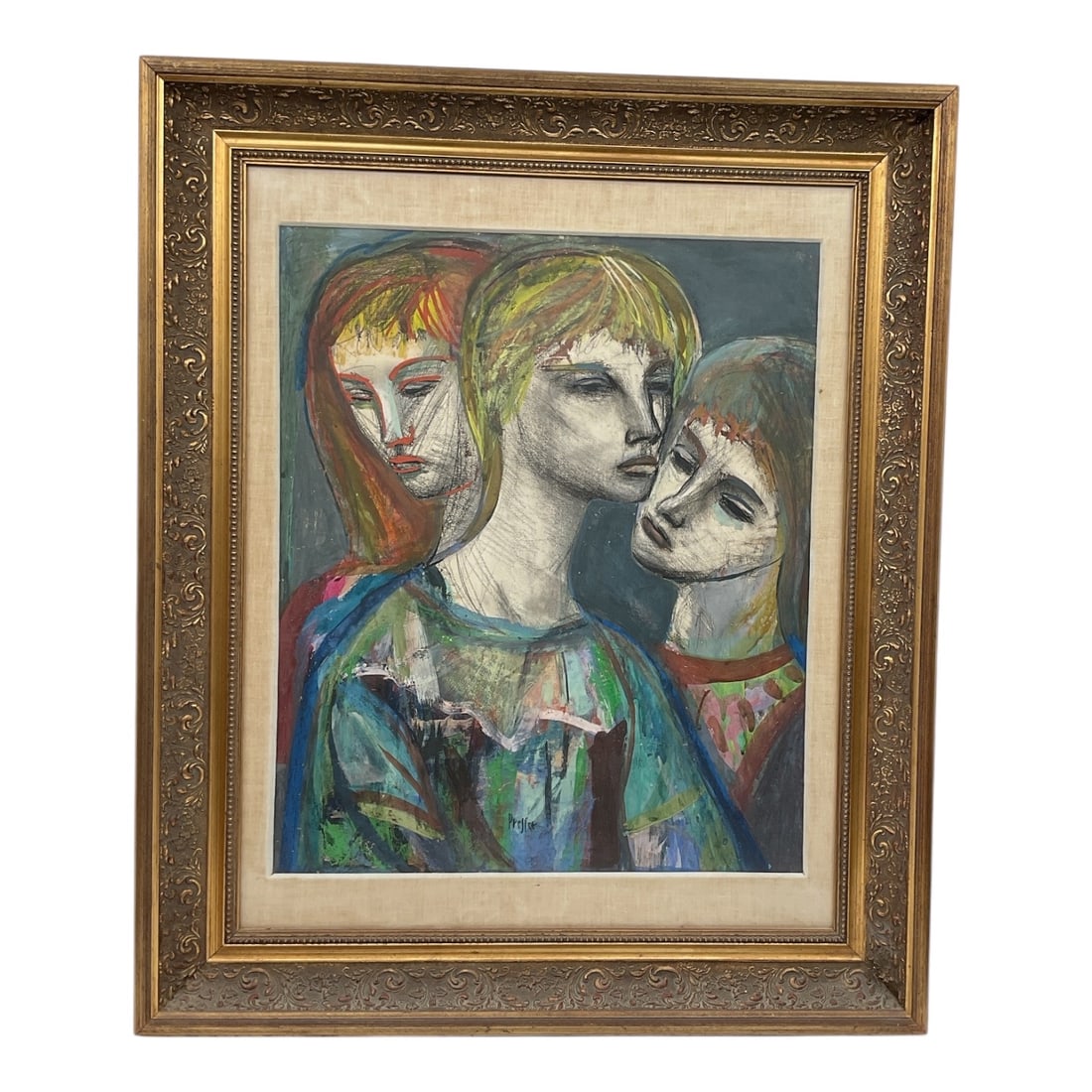 "Untitled (Three Graces)" by Josef Presser (United States/Poland, 1907-1967) Mixed media on paper.: This mid-century modern composition features three stylized female figures in a clustered, intimate arrangement. The central figure gazes forward with a somber expression, flanked by two others with d