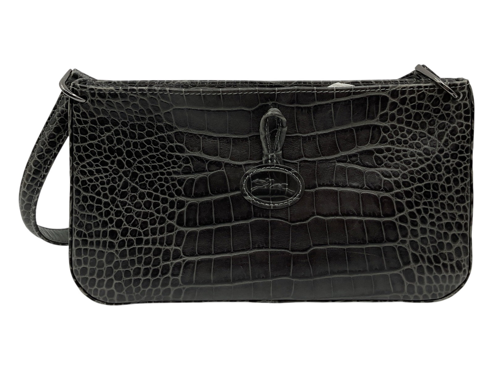 Longchamp Embossed Leather Shoulder Bag: A sophisticated Longchamp shoulder bag crafted in black embossed leather with an allover reptile or crocodile-style texture. The bag features a sleek elongated silhouette with matching leather shoulde