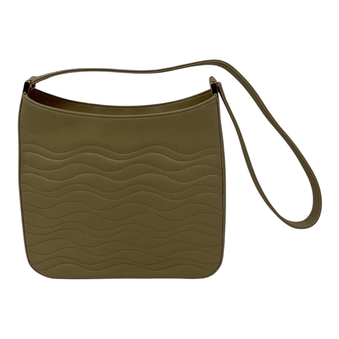 Lalique Wave Pattern Leather Shoulder Bag: An elegant Lalique Paris shoulder bag crafted in smooth taupe leather with an embossed wave-pattern design across the exterior. The bag features a minimalist silhouette with slim shoulder strap, zip-t