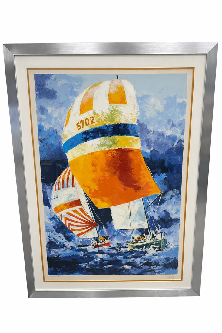 "Spinnakers" by WAYLAND MOORE (American, 1935-2022) Serigraph: Description: This is a vibrant, limited-edition serigraph by the renowned American artist Wayland Moore (1935–2022), titled Spinnakers. Known for his dynamic and expressionistic