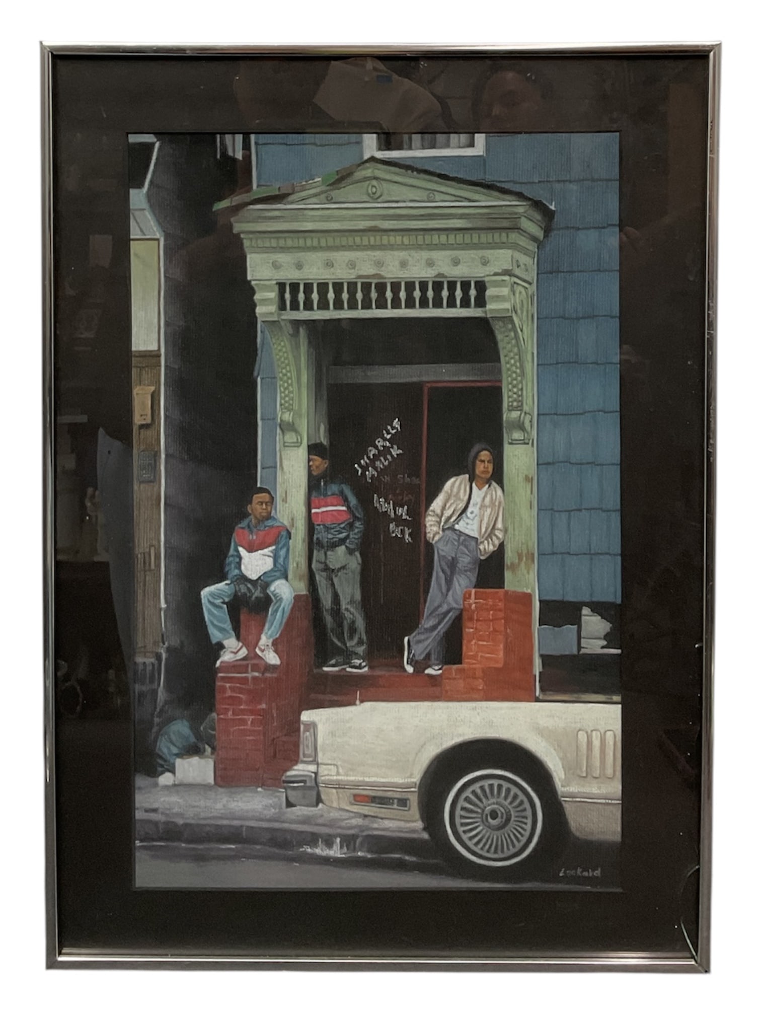 “Urban Hangout?? by Lockard Framed Painting: Framed painting depicting an urban neighborhood street scene with three figures gathered on the stoop of a city row house beside a parked automobile. Executed in a realistic style with detailed