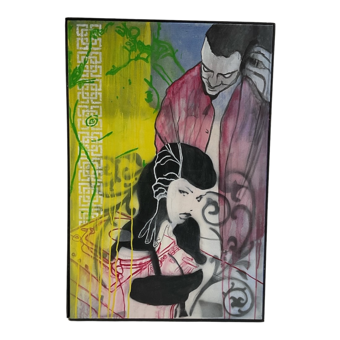 Contemporary Mixed Media Painting: Contemporary mixed media painting depicting a stylized Asian-inspired scene with a seated woman and standing male figure rendered in expressive black linework and vivid fields of yellow, green, pink, 