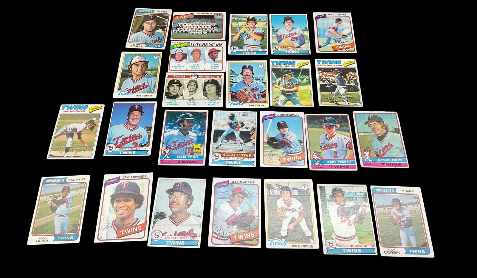 Minnesota Twins Vintage and Modern Baseball Card Collection: Collection of Minnesota Twins baseball trading cards featuring a diverse selection of players from multiple eras. This group includes a mix of vintage-style and modern cards with classic posed portrai