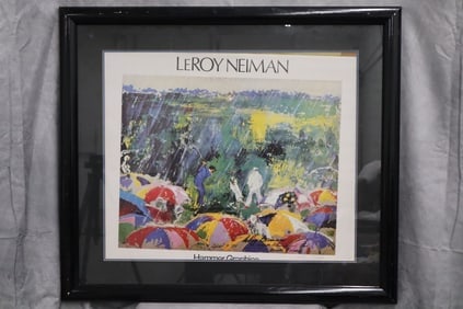 "Arnold Palmer in the rain" by LeRoy Neiman: This vibrant and dynamic artwork by LeRoy Neiman captures legendary golfer Arnold Palmer braving the rain during a golf tournament. The painting is rich with Neiman’s signature bold strokes and