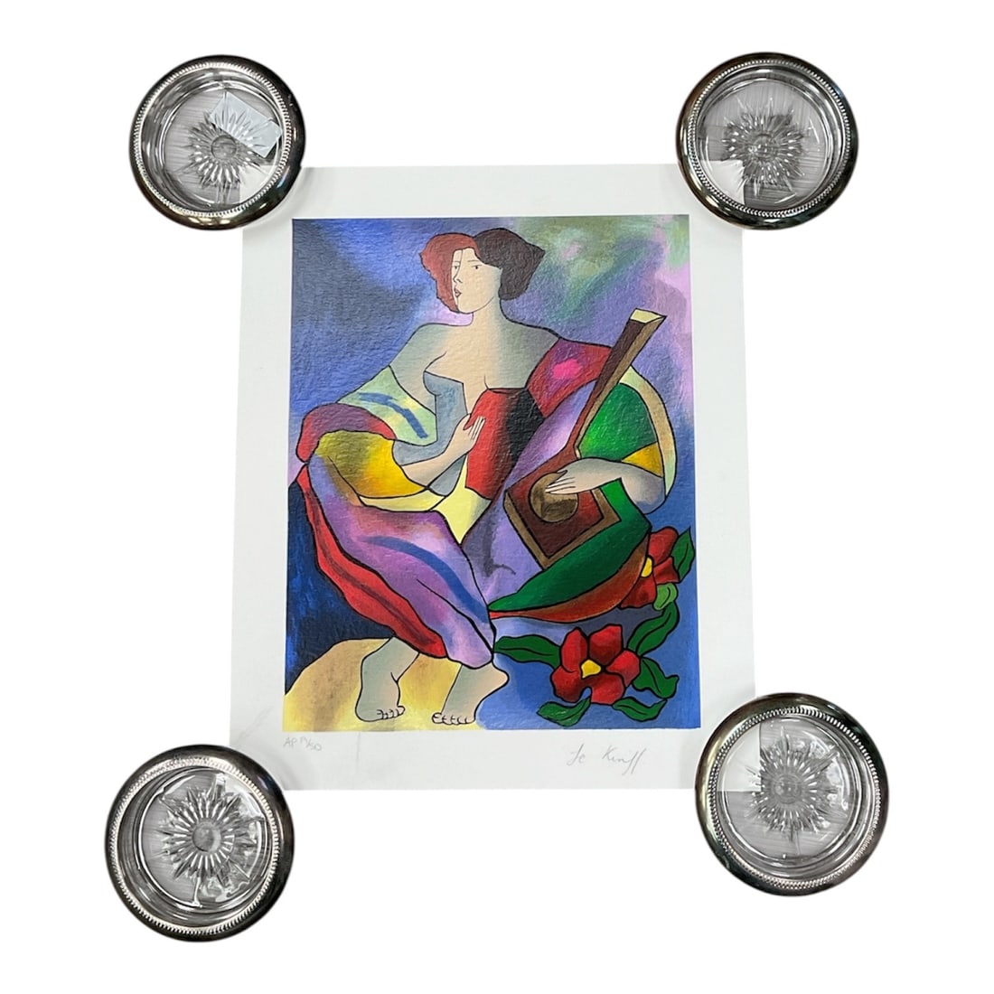 Untitled Figural Composition by Linda Le Kinff (French, b. 1949) Color Print: Color print by Linda Le Kinff depicting a stylized seated female figure holding a stringed instrument in the artist’s signature vibrant modern style. The composition features bold flowing forms 
