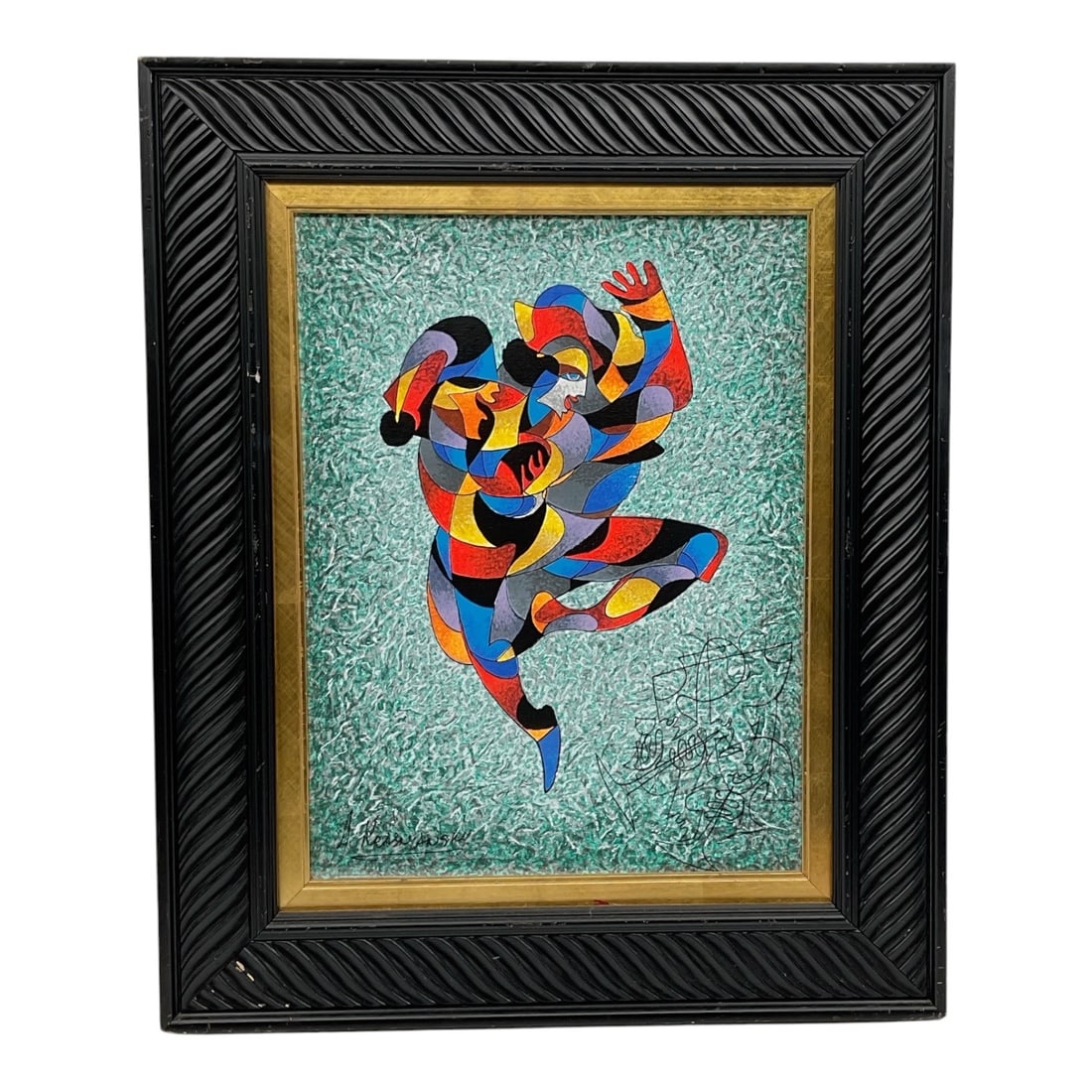 Anatole Krasnyansky Dancing A Jib Limited Edition Mixed Media Framed, 1997: Framed limited edition mixed media artwork by Anatole Krasnyansky titled Dancing A Jib, dated 1997. The composition depicts a whimsical dancing figure rendered in vibrant multicolor abstract forms aga