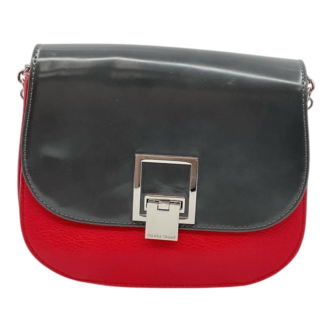 Givenchy Red and Black Leather Chain Strap Handbag: Designer Givenchy handbag featuring a red pebbled leather body with black leather flap and polished silver-tone front clasp hardware. Interior includes chain shoulder strap and logo-lined fabric inter