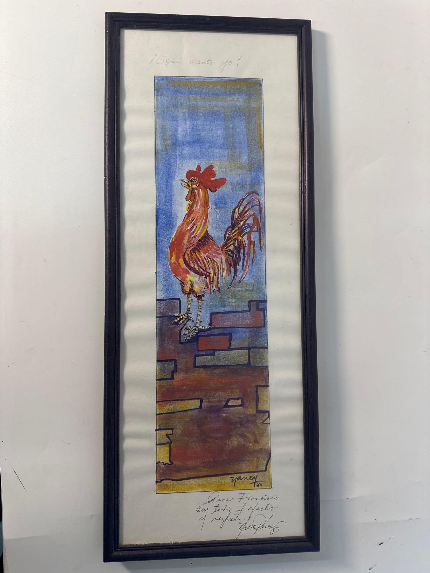 "The Proud Rooster" by Nancy (Cuban) Watercolor: This lively painting by Cuban artist Nancy depicts a vibrant red rooster standing tall against a colorful, abstract background. The elongated and narrow composition emphasizes the height and elegance 
