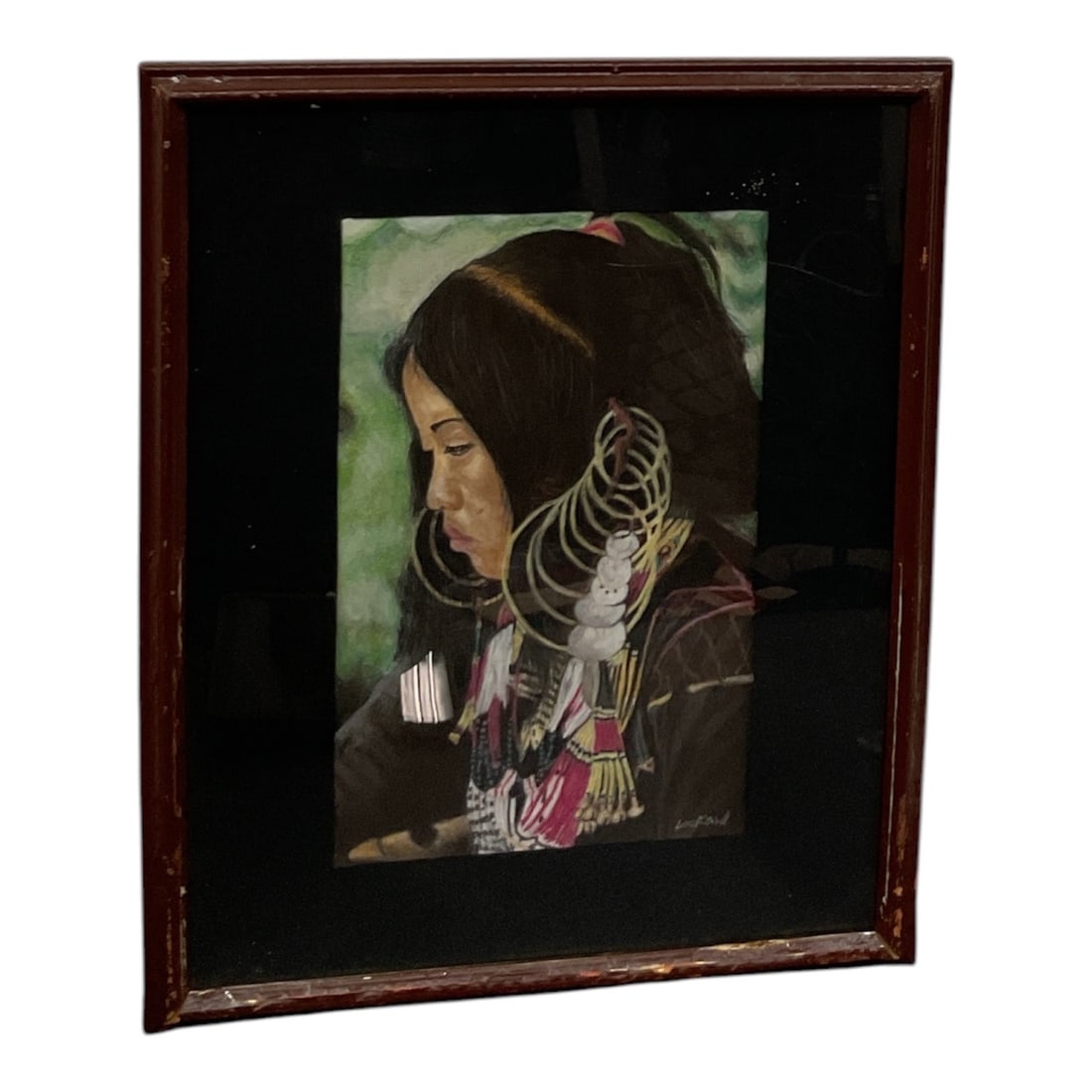 Native American Woman Portrait Painting: Portrait painting depicting a Native American woman in traditional attire, featuring detailed feather adornments and jewelry. Signed lower right, housed in a simple wooden frame. Likely late 20th
