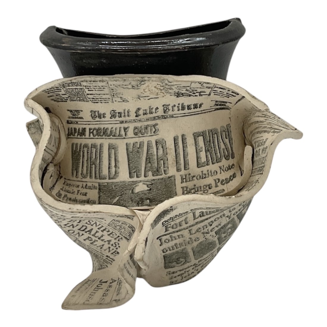 Larry Krogh "News Pot" Ceramic Wall Vase: Vintage ceramic pottery vase by Larry Krogh designed to resemble folded and wrapped newspaper pages around a hand-thrown vessel. Known as a “News Pot,” the sculptural form features detaile