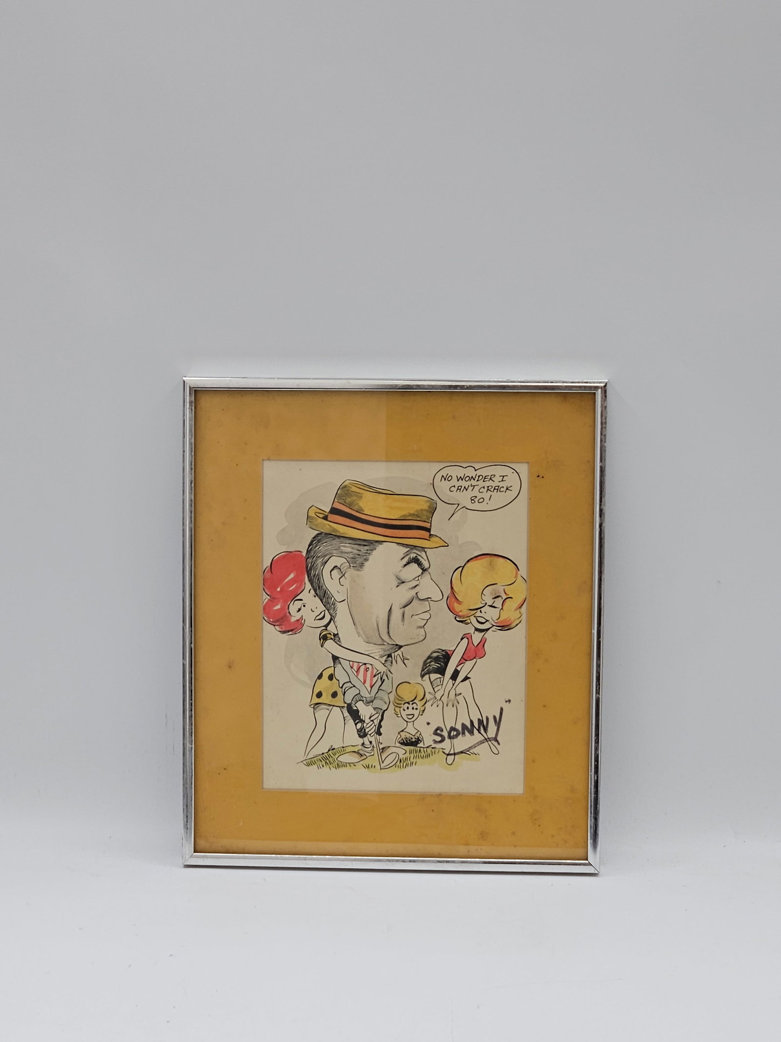 Caricature Illustration: Humorous hand drawn caricature of a man accompanied by a playful female figure and comical background details, typical of mid 20th century cartoon art.Medium: Ink and watercolor on paper Dimensions:
