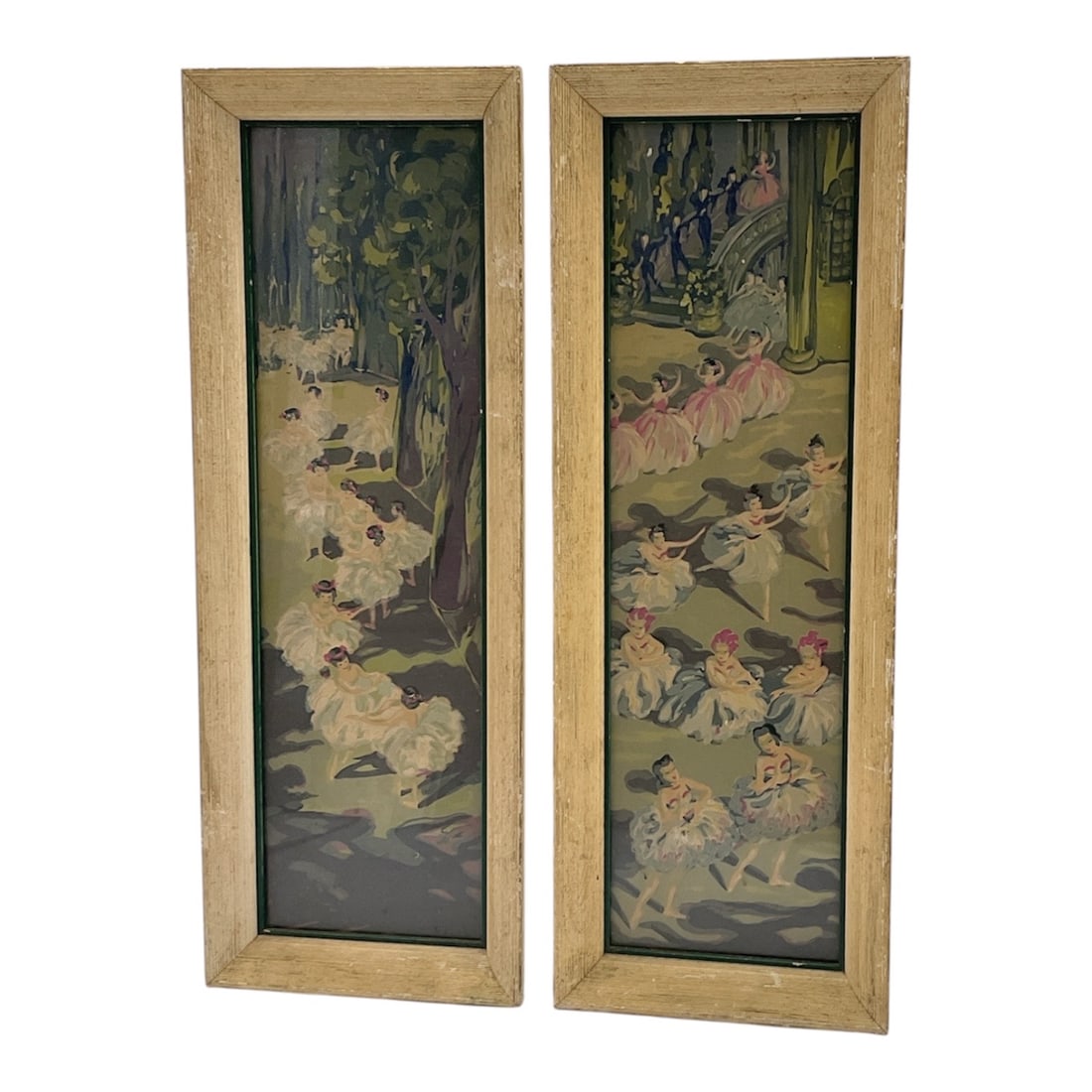 Pair of Framed Asian Figural Silk Panels: Decorative pair of Asian-style figural textile or silk panels depicting elegant women gathered within garden and courtyard settings. The elongated vertical compositions feature soft muted tones with