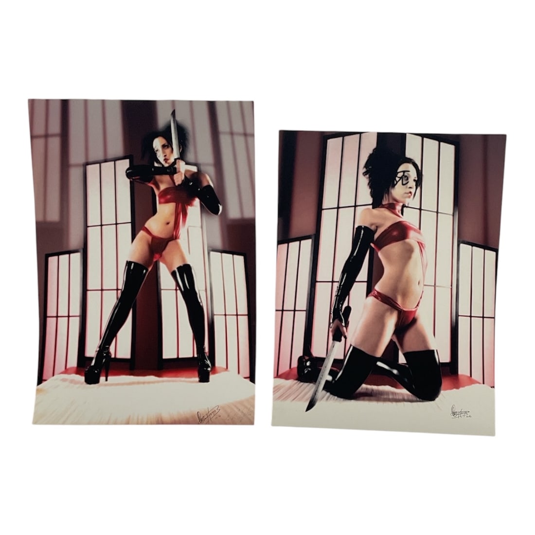 Spy x Family Yor Forger Cosplay Signed Framed Photographs: Contemporary framed cosplay photographs depicting Yor Forger, the popular character from the anime and manga series Spy x Family. The images feature the subject posed in a stylized red costume