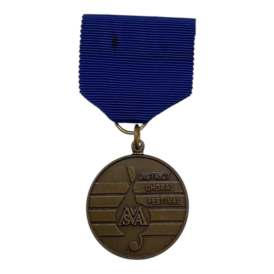 District Choral Festival AVA Medal: Commemorative District Choral Festival medal featuring the AVA emblem with blue ribbon suspension. The medal is executed in a bronze-tone finish with raised lettering and musical motif decoration, lik