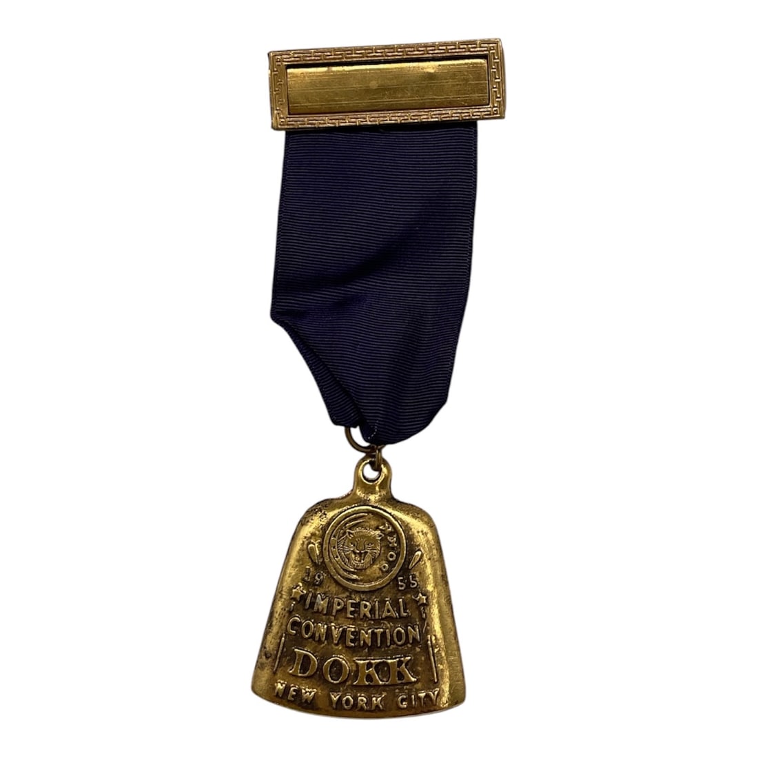 1955 Imperial Convention DOKK New York City Medal: Vintage commemorative convention medal dated 1955 featuring raised lettering and emblem details suspended from a dark blue ribbon with pin-back top bar. Measurements: Approximately 5 x 2