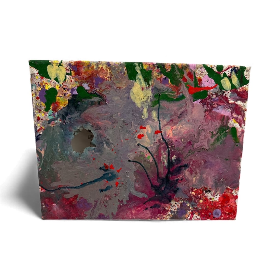 Pingo Untitled Abstract Composition - Burned: A vibrant, expressive abstract work featuring layered purples, reds, and greens with organic, floral-like movement and energetic paint application. Rich textures and spontaneous gestures create depth 