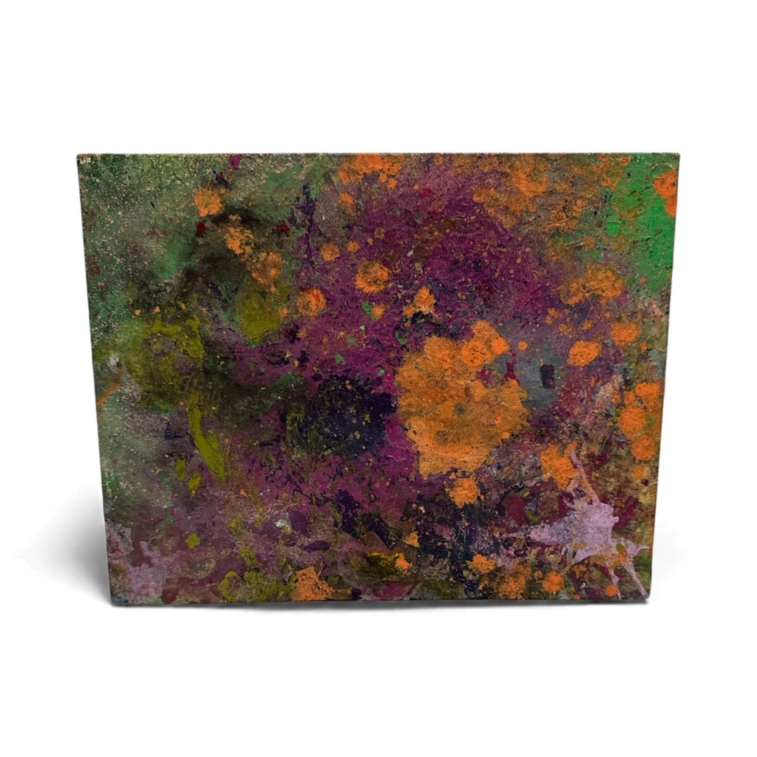 Pingo Untitled Abstract (Orange & Violet Field): A richly textured abstract composition featuring vibrant bursts of orange against deep violet, green, and earthy undertones. Dynamic layering and organic color interactions create a sense of atmospher
