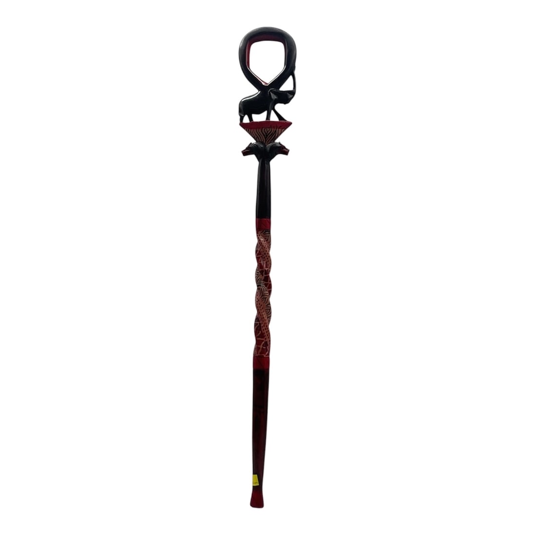 Hand-Carved African Walking Stick: Decorative carved wooden walking stick or ceremonial staff featuring a twisted shaft and sculptural top handle with geometric and figural-inspired elements. Executed in dark stained wood with