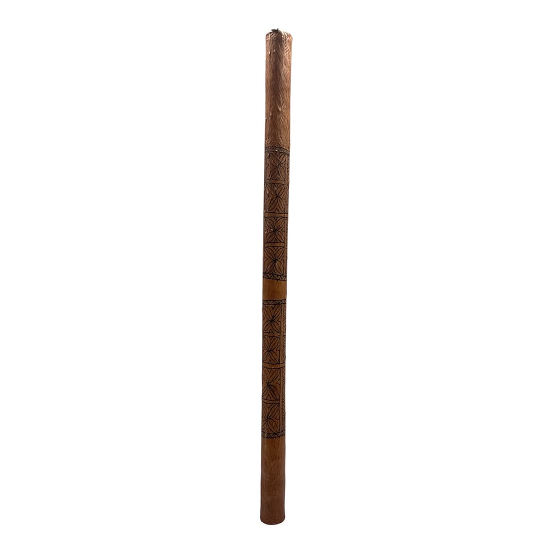 Terre Maori Bamboo Rainstick: Handcrafted Terre Maori bamboo rainstick percussion instrument designed to recreate the soothing sound of falling rain. Constructed of natural bamboo with painted decorative details, the interior