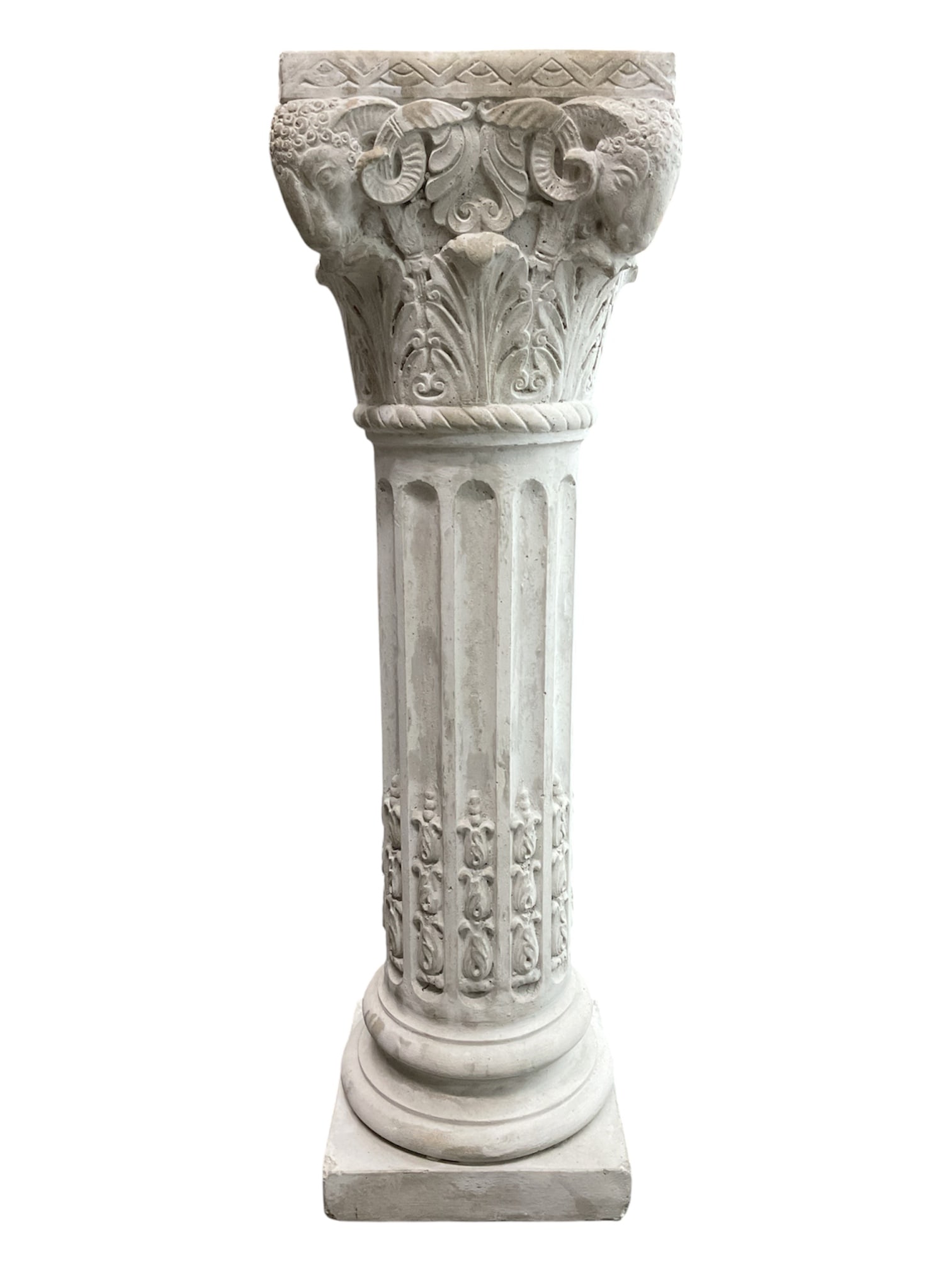 Neoclassical Corinthian Style Cast Stone Pedestal Column, 1970: Architectural cast stone pedestal column in the neoclassical Corinthian taste, featuring an ornate capital decorated with ram’s heads, scrolling acanthus leaves, and geometric border motifs abov