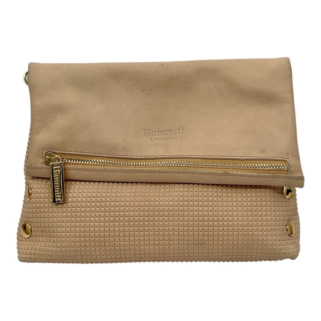 Hammitt Fold-Over Clutch Bag: A contemporary Hammitt fold-over clutch bag crafted in beige leather with textured woven-style panel detailing and gold-tone hardware accents. The bag features a fold-over silhouette with zippered