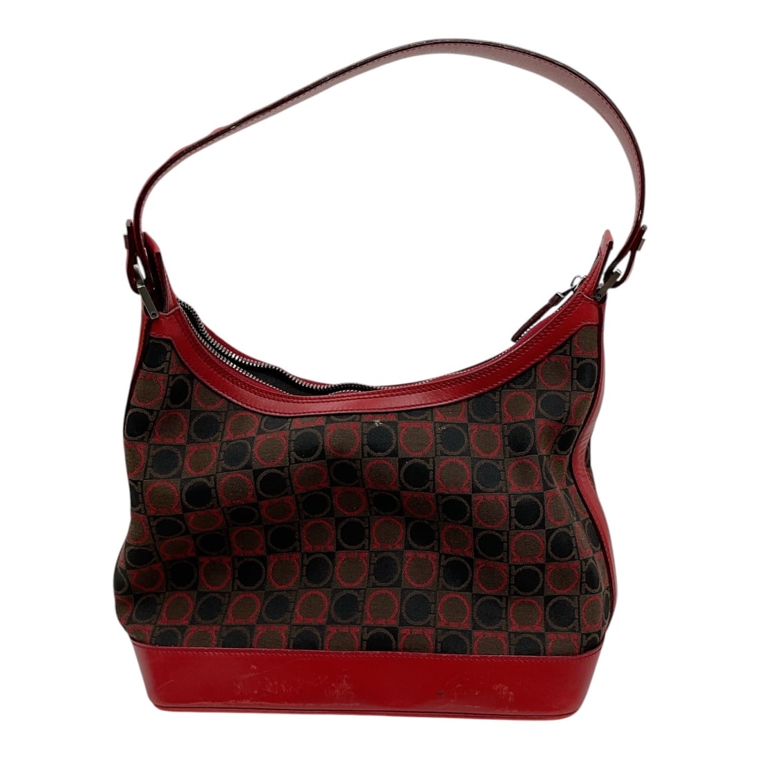 Salvatore Ferragamo Canvas and Leather Shoulder Bag with Wallet: A stylish Salvatore Ferragamo shoulder bag crafted in the brand’s signature patterned canvas with rich red leather trim and matching adjustable shoulder strap. The bag features the iconic Gancin
