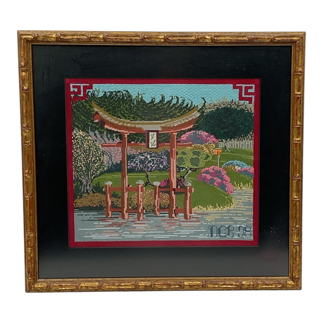 Asian Garden Scene Needlepoint Textile Framed (1 of 3)