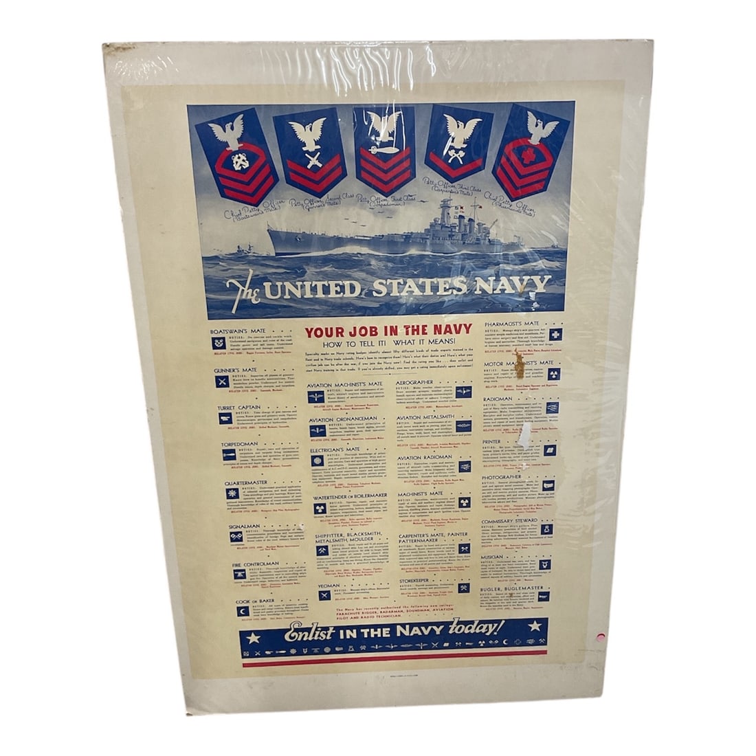 Vintage United States Navy "Your Job in the Navy: Vintage United States Navy "Your Job in the Navy" recruitment or informational poster, likely dating from the mid-20th century. Item Overview Title: United States Navy: Your