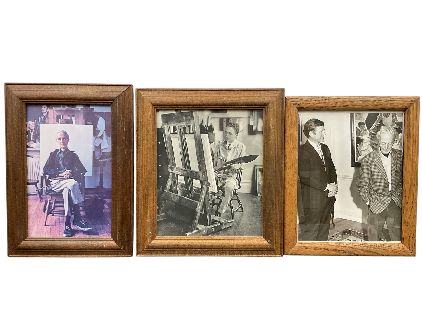 Set of Three Historical Portraits: Norman Rockwell in the Studio and with Ted Kennedy: DetailsThis lot features a curated set of three framed photographs documenting the professional life and notable associations of Norman Rockwell. Left: A color photograph of Norman Rockwell in his