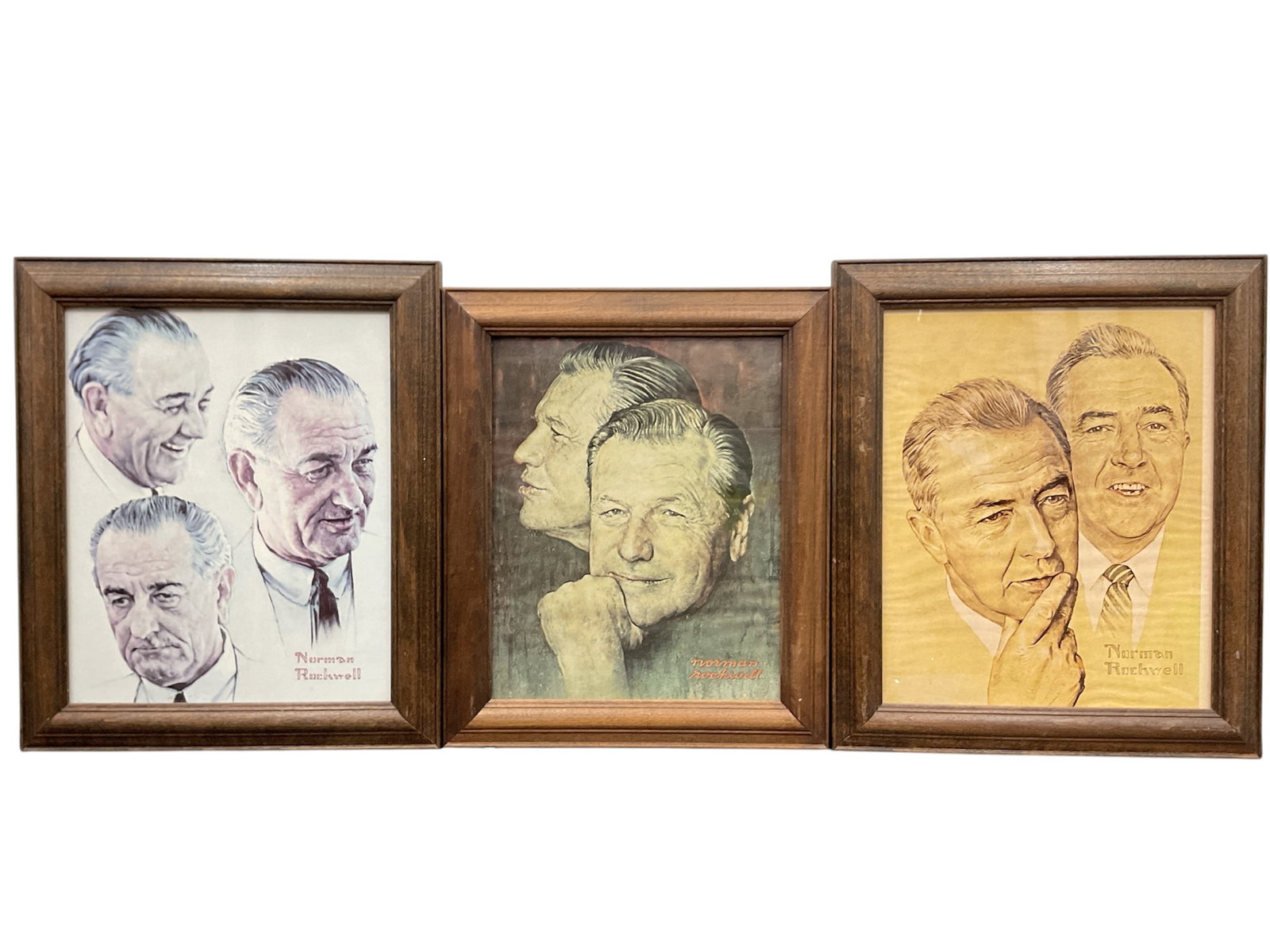 "Set of Three Political Portraits: LBJ, Rockefeller, and McCarthy" by Norman Rockwell (United: DetailsThis lot features a set of three framed political portraits illustrated by Norman Rockwell, showcasing his detailed character studies of mid-century American leaders.