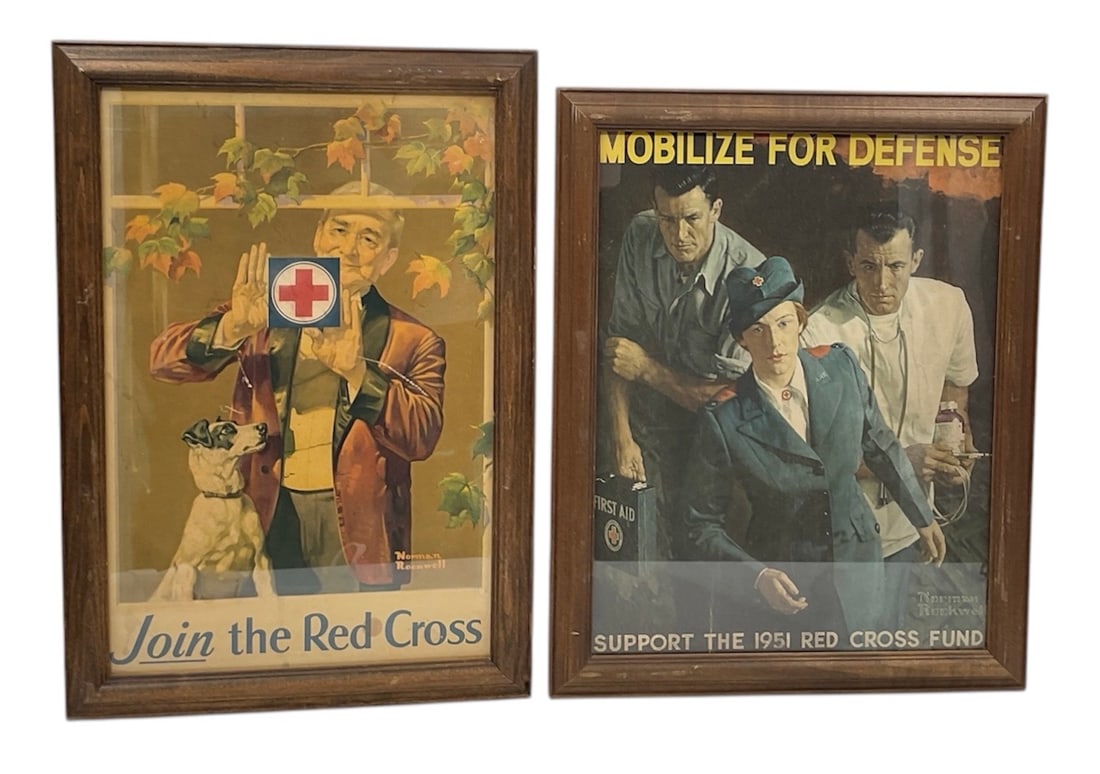 Framed Vintage Red Cross Posters by Norman Rockwell (USA, 1894-1978) Print on Paper: This lot features two framed vintage Red Cross promotional posters illustrated by Norman Rockwell. The first poster, titled "Join the Red Cross," depicts an elderly man in a smoking jacket h
