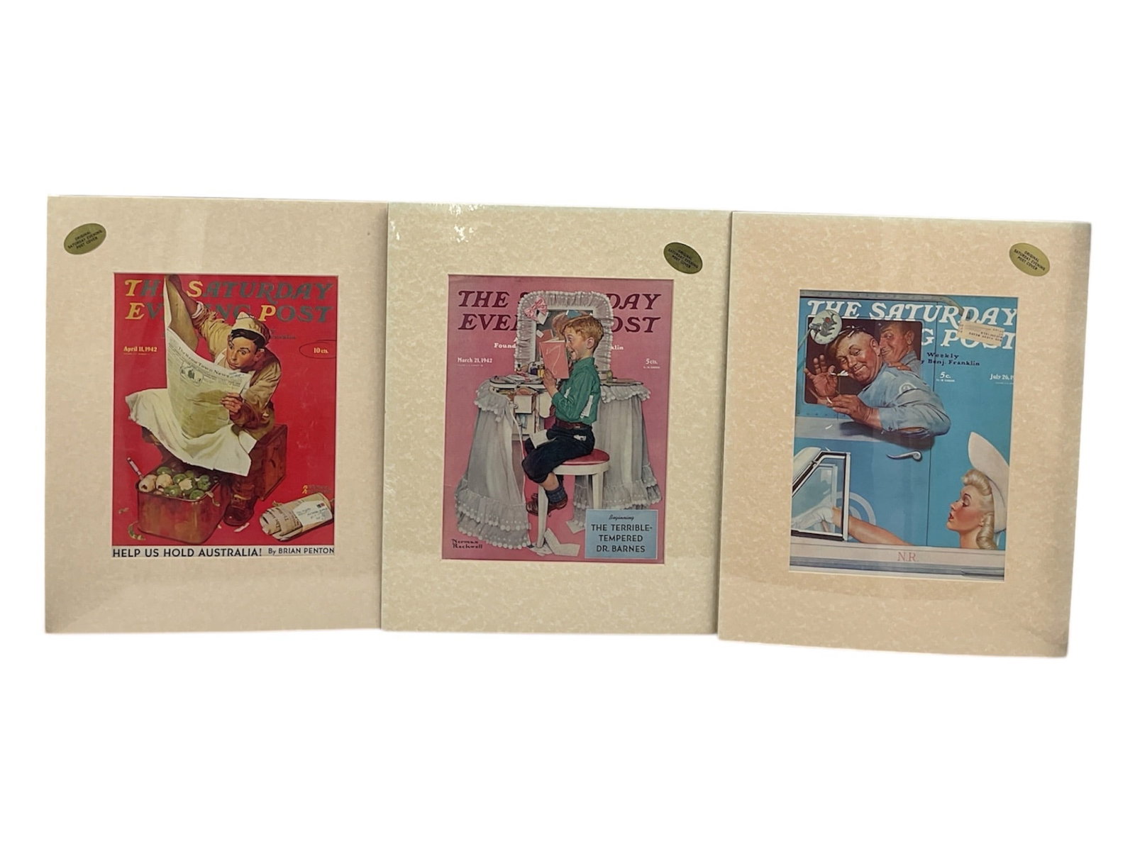"Set of Three Saturday Evening Post Covers" by Norman Rockwell (United States, 1894-1978) Offset: DetailsThis lot consists of three matted prints of The Saturday Evening Post covers illustrated by Norman Rockwell. The collection features iconic imagery from the early 1940s, focusing on wartime