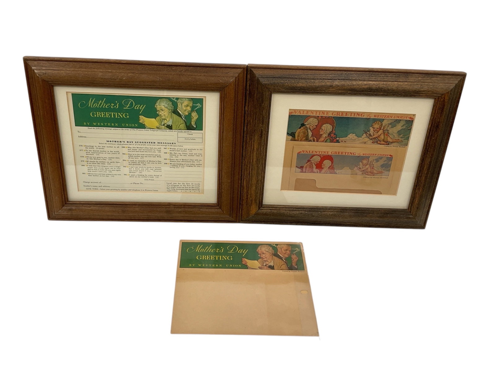 Framed Vintage Western Union Telegraph Forms by Norman Rockwell (USA, 1894-1978) Print on Paper: This lot features framed vintage telegraph greeting forms illustrated by Norman Rockwell for Western Union. The collection includes a "Mother's Day Greeting" form depicting an elderly wo