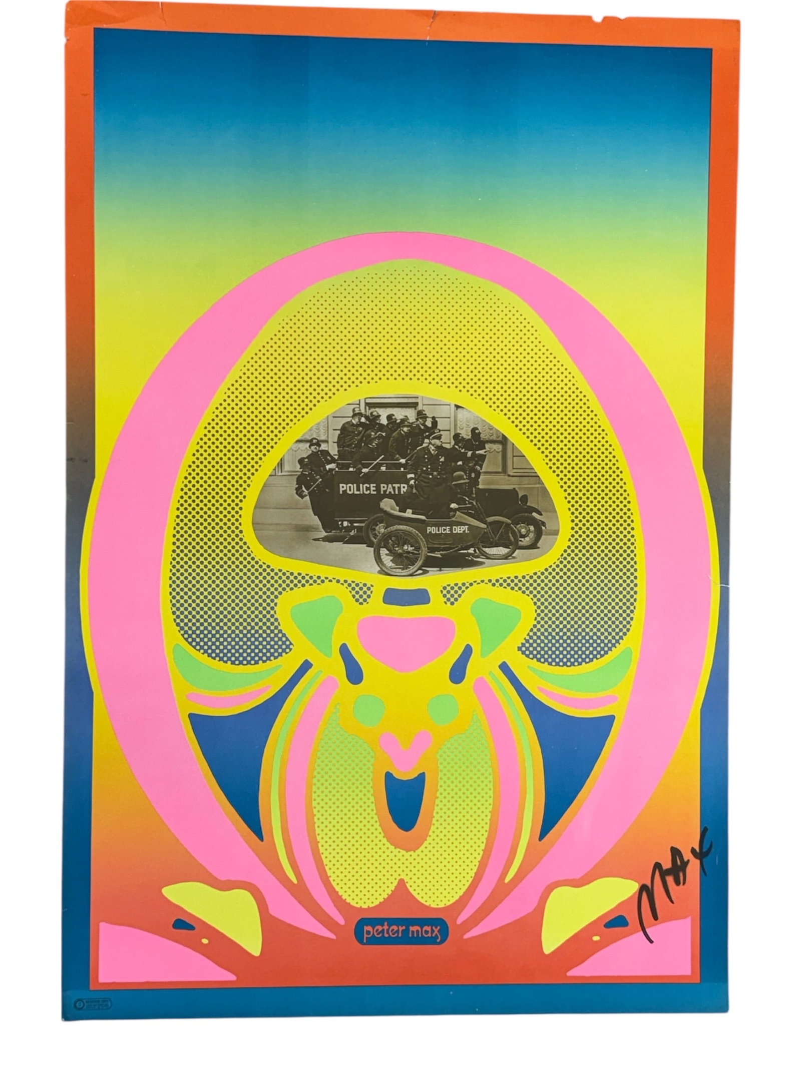 "Police Patrol" by Peter Max: Psychedelic poster featuring a vibrant abstract design in neon colors with a central collage of an early 20th-century police patrol photograph. A striking example of Peter Max’s fusion of pop