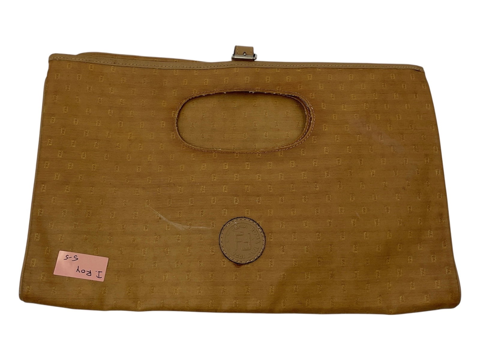 Fendi Zucca Canvas Clutch Bag: A vintage Fendi clutch bag crafted in the house’s signature Zucca monogram canvas with leather trim and hardware accents. The fold-over design features an integrated hand opening and embossed