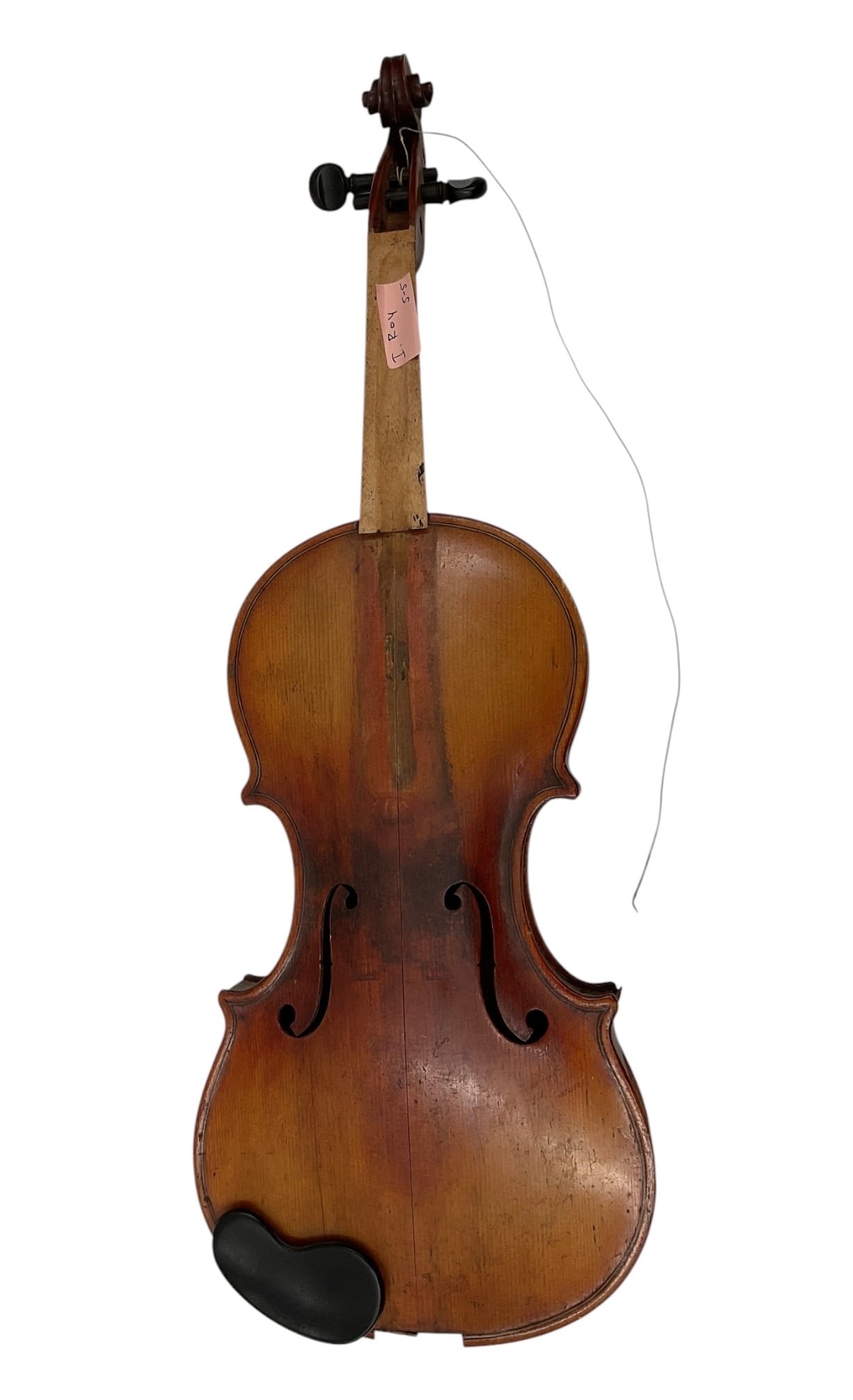Vintage Violin: A vintage violin featuring a warm amber-brown varnished finish with visible wood grain and traditional carved construction. The instrument includes tuning pegs, chin rest, tailpiece, and f-holes in cl