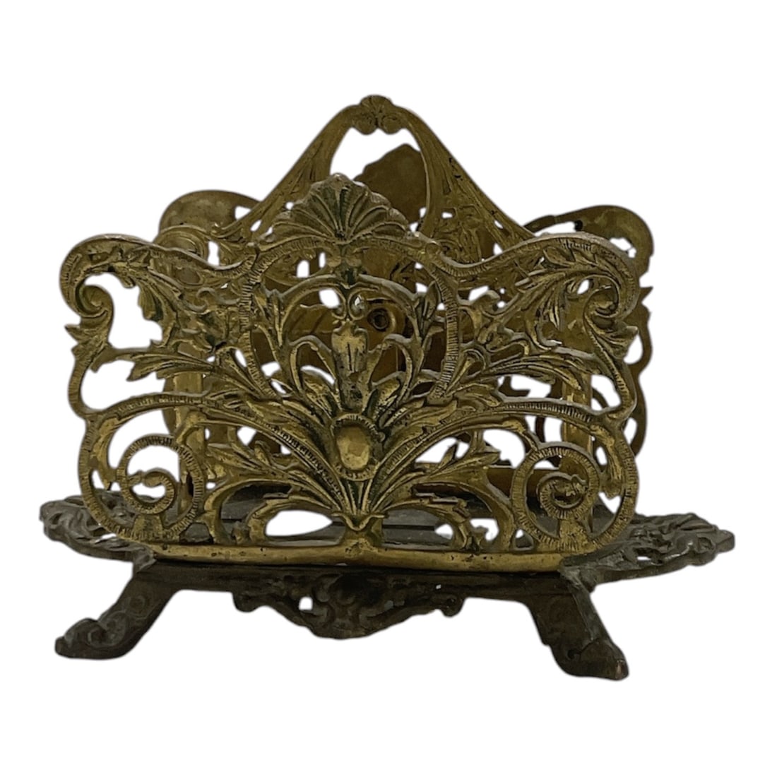Antique French Art Nouveau Brass Letter Rack: Antique French Art Nouveau brass letter rack or stationery holder featuring elaborate openwork scrolling foliate and floral motifs. The ornate design displays the flowing naturalistic forms