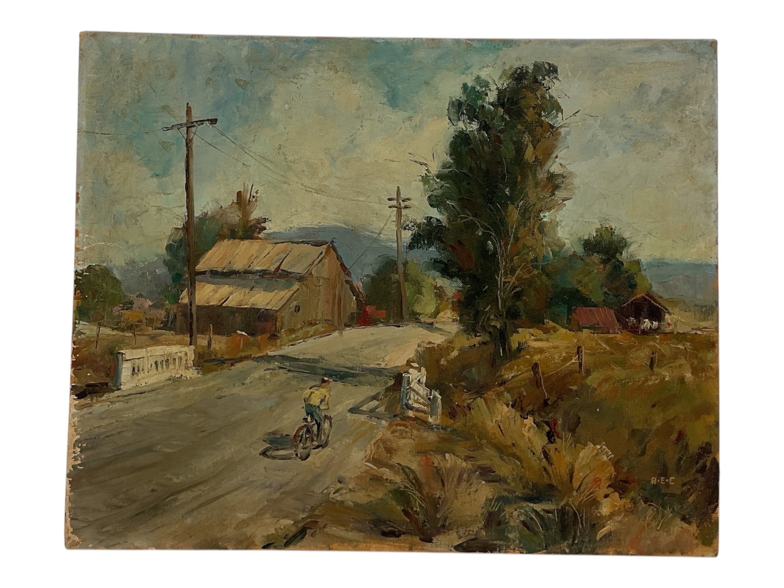 Old Farmhouse Painting, R.E.C.: An mid-century Impressionist style landscape painting depicting a rural countryside scene with a winding dirt road and a figure riding a bicycle toward an old barn or farmhouse. The composition uses