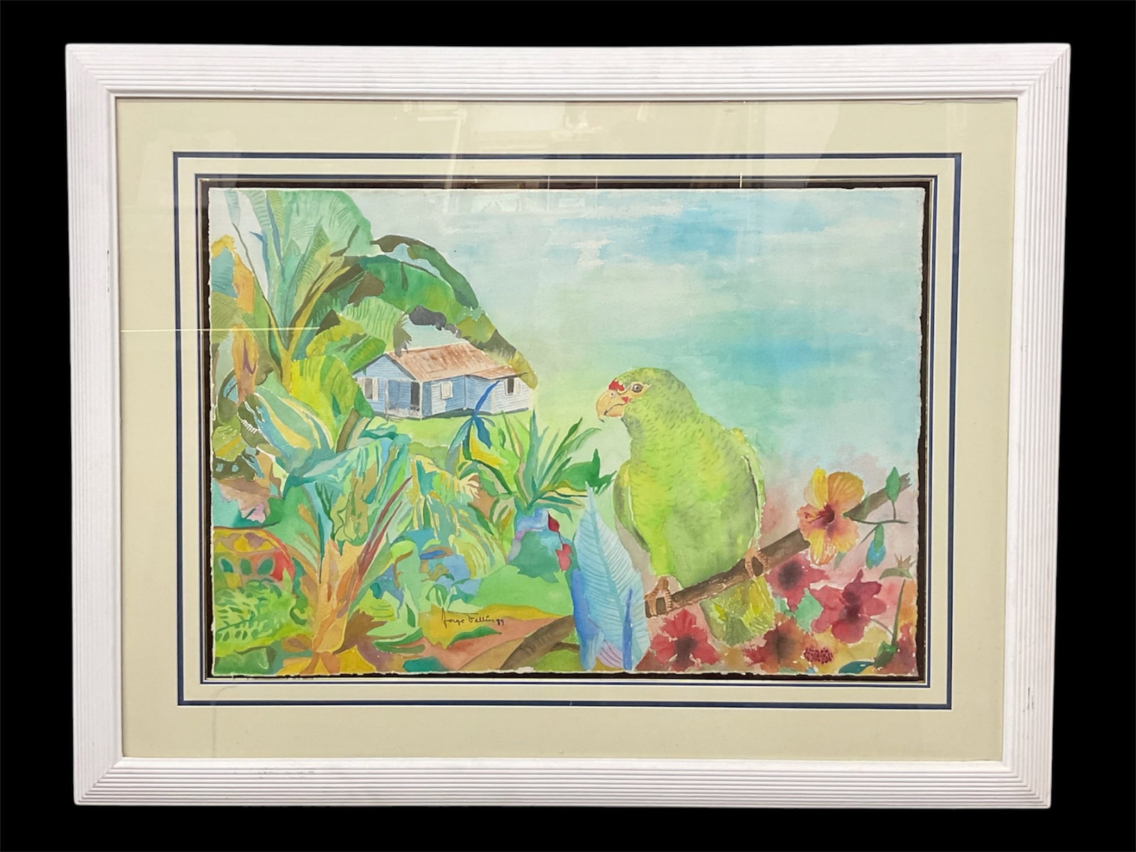 “Tropical Parrot Landscape?? by Jorge Gallin, 1999 Watercolor on Paper: Colorful tropical watercolor painting depicting a green parrot perched among lush Caribbean foliage with blooming flowers and a small island-style house in the background. Executed in a vibrant palett