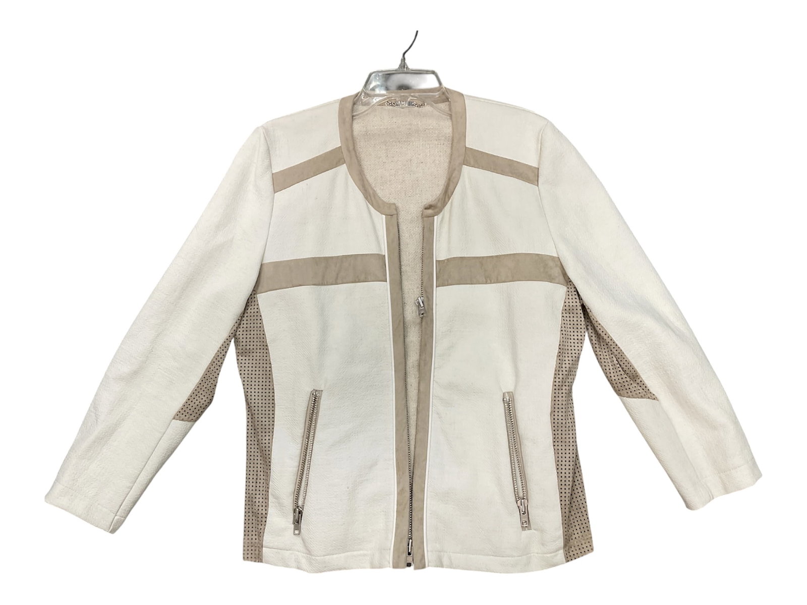 AMS Pure Cream and Taupe Leather Zip Jacket, Size 14 (1 of 3)