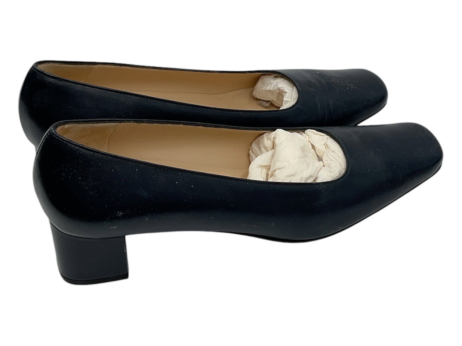 Salvatore Ferragamo Black Leather Low Heel Pumps Size 7.5: Pair of Salvatore Ferragamo women’s pumps crafted in black leather with rounded square toes and low block heels. Classic minimalist silhouette with leather interiors and timeless Italian