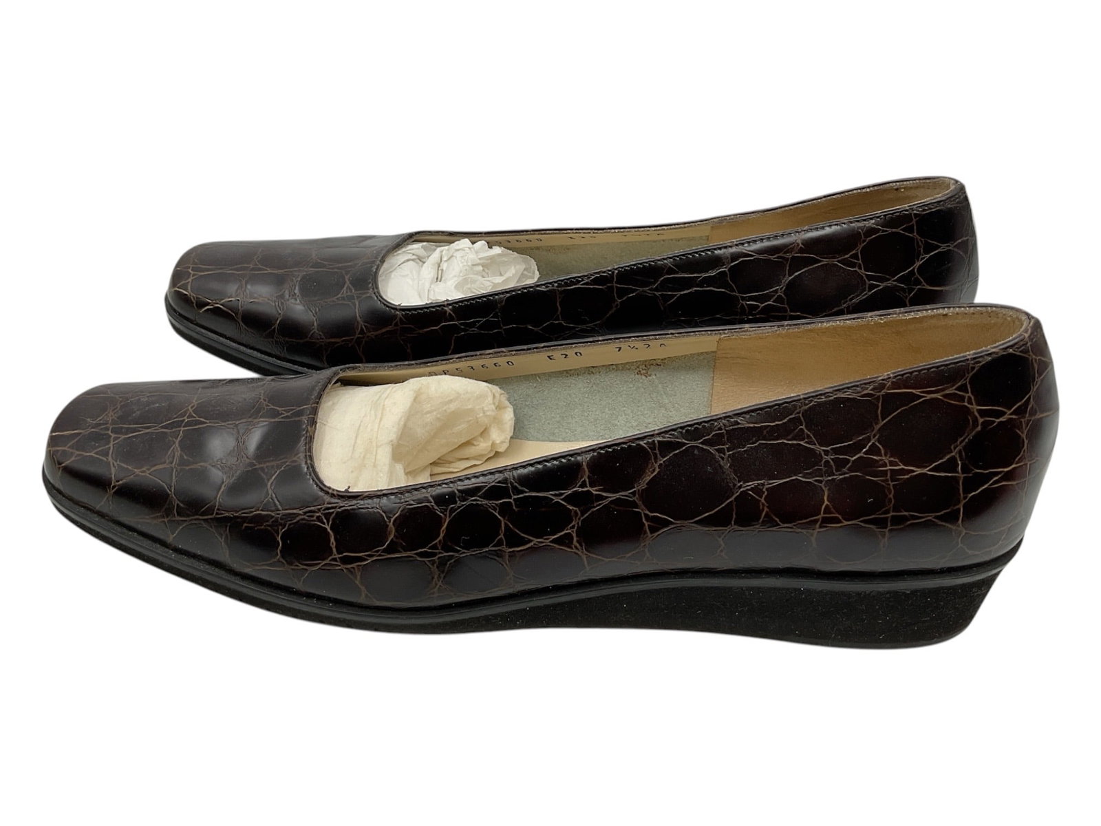 Salvatore Ferragamo Brown Croc Embossed Leather Flats Size 7.5: Pair of Salvatore Ferragamo women’s flats crafted in brown croc embossed leather with elongated square toe design and low wedge heels. Classic slip-on silhouette with refined Italian designer