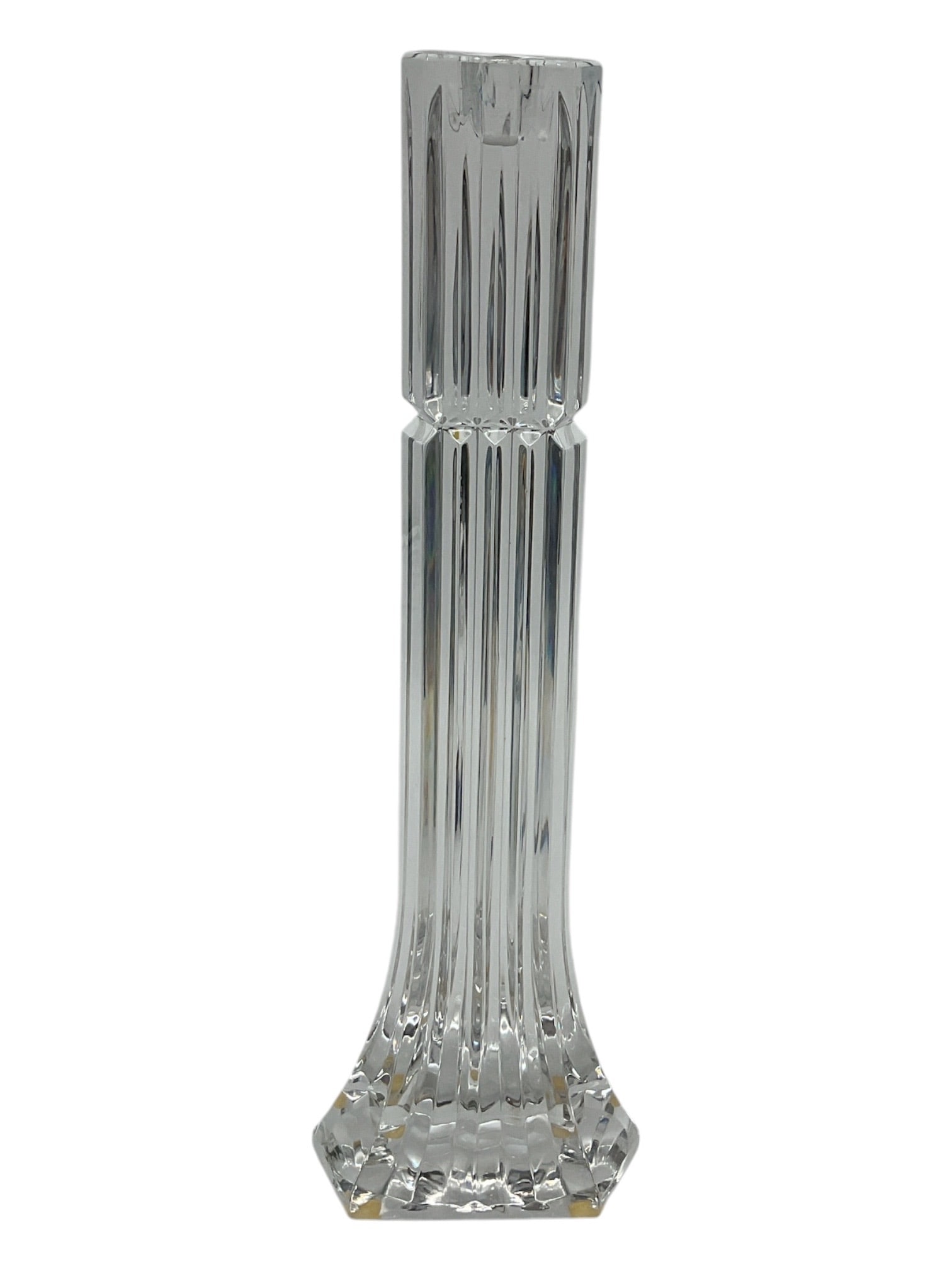 Tall Cut Crystal Bud Vase: Elegant tall cut crystal bud vase featuring a slender tapered form with vertical fluted cuts and faceted base. Clear crystal construction with geometric styling suitable for floral arrangements or